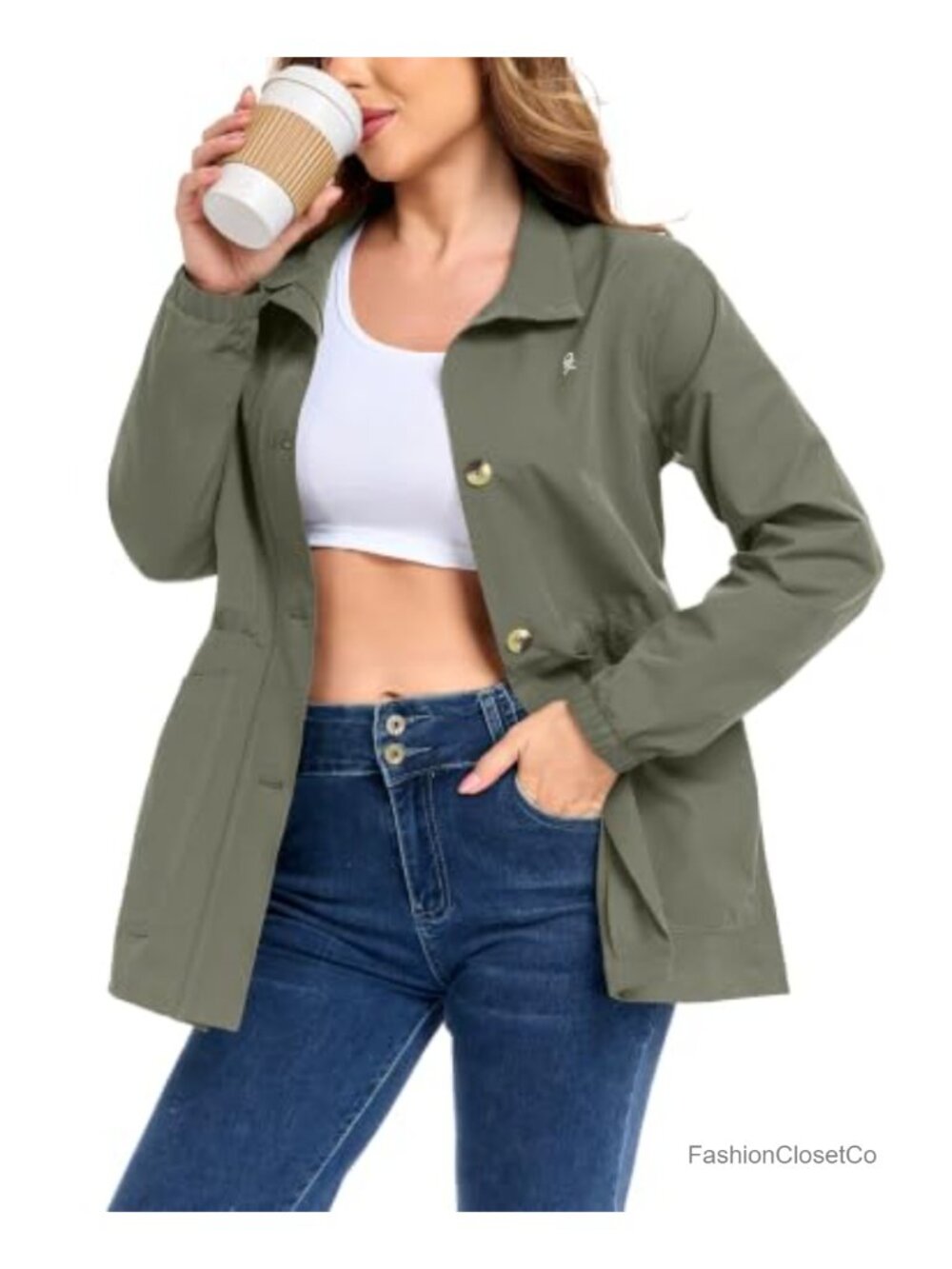 Women's Lightweight Button Down Casual Jacket with Stretch - Long Sleeve Trench